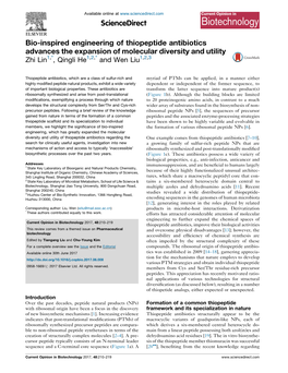 Bio-Inspired Engineering of Thiopeptide Antibiotics Advances the Expansion of Molecular Diversity and Utility Zhi Lin1,*, Qingli He1,2,* and Wen Liu1,2,3