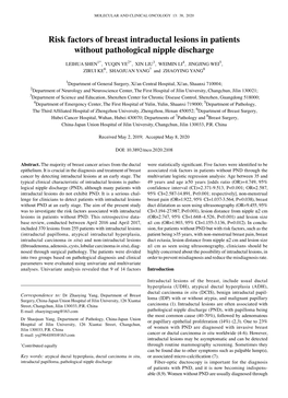 Risk Factors of Breast Intraductal Lesions in Patients Without Pathological Nipple Discharge