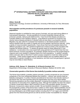 Abstracts 3Rd International Butterfly Ecology and Evolution Symposium Crested Butte, Colorado, Usa August 1998