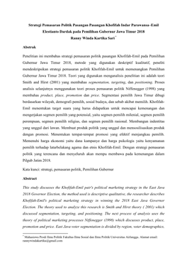 Strategi Pemasaran Politik Pasangan Pasangan Khofifah Indar Parawansa–Emil Elestianto Dardak Pada Pemilihan Gubernur Jawa Timur 2018 Ranny Winda Kartika Sari *