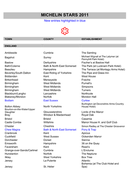 MICHELIN STARS 2011 New Entries Highlighted in Blue