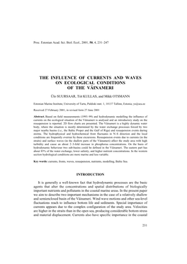 The Influence of Currents and Waves on Ecological Conditions of the Väinameri