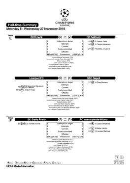 Half-Time Summary Matchday 5 - Wednesday 27 November 2019