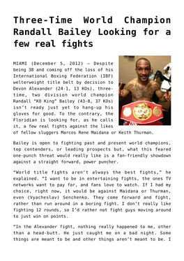 Three-Time World Champion Randall Bailey Looking for a Few Real Fights