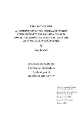 An Examination of the Causes and Factors Contributing to the Location of Greek Monastic Communities in Rome Between the Sixth and Eleventh Centuries