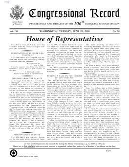 Congressional Record United States Th of America PROCEEDINGS and DEBATES of the 106 CONGRESS, SECOND SESSION