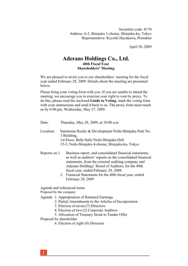 Aderans Holdings Co., Ltd. 40Th Fiscal Year Shareholders’ Meeting