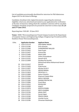 List of Candidates Provisionally Shortlisted for Interview for Phd Admissions August 2015 in the School of Biology