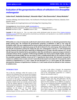 Evaluation of the Geroprotective Effects of Withaferin a in Drosophila Melanogaster