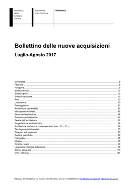 Bollettino Delle Nuove Acquisizioni Luglio-Agosto 2017