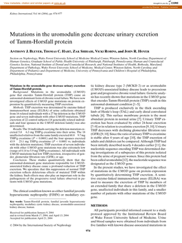 Mutations in the Uromodulin Gene Decrease Urinary Excretion of Tamm-Horsfall Protein