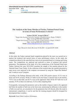 The Analysis of the Some Matches of Turkey National Futsal Team in Terms of Some Performance Criteria*