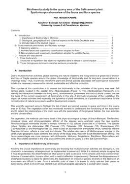 Biodiversity Study in the Quarry Area of the Safi Cement Plant: Spatio-Temporal Overview of the Fauna and Flora Species