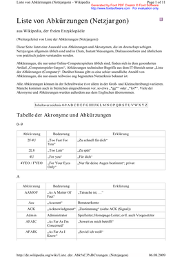 Liste Von Abkürzungen (Netzjargon) – Wikipedia Page 1 of 11 Generated by Foxit PDF Creator © Foxit Software for Evaluation Only