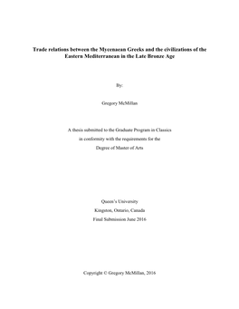 Trade Relations Between the Mycenaean Greeks and the Civilizations of the Eastern Mediterranean in the Late Bronze Age