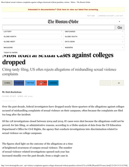 Most Federal Sexual Violence Complaints Against Colleges Dismissed Without Penalties, Reform - Metro - the Boston Globe