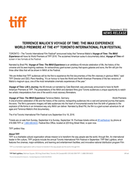 News Release. Terrence Malick's Voyage of Time: The