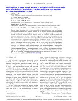 Optimization of Open Circuit Voltage in Amorphous Silicon Solar Cells with Mixed-Phase „Amorphous+Nanocrystalline… P-Type Contacts of Low Nanocrystalline Content ͒ J