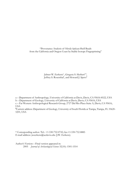 Provenance Analysis of Olivella Biplicata Shell Beads from the California and Oregon Coast by Stable Isotope Fingerprinting”