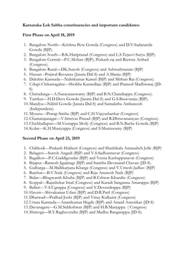 Karnataka Lok Sabha Constituencies and Important Candidates