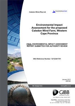 Environmental Impact Assessment for the Proposed Caledon Wind Farm, Western Cape Province