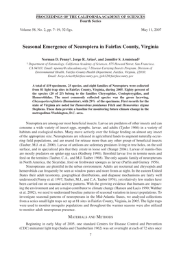Seasonal Emergence of Neuroptera in Fairfax County, Virginia