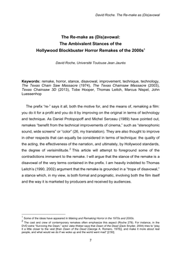 The Re-Make As (Dis)Avowal: the Ambivalent Stances of the Hollywood Blockbuster Horror Remakes of the 2000S1