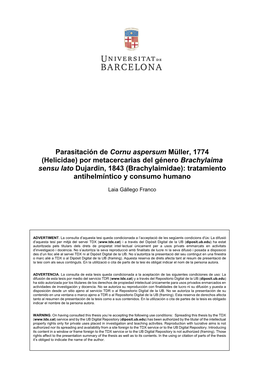 Parasitación De Cornu Aspersum Müller, 1774 (Helicidae) Por Metacercarias Del Género Brachylaima Sensu Lato Dujardin, 1843 (B