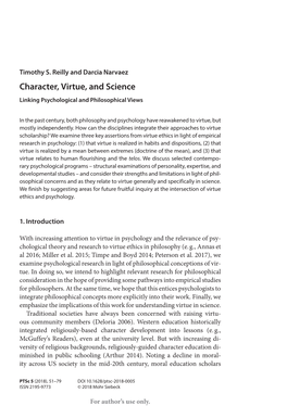 Timothy S. Reilly and Darcia Narvaez Character, Virtue, and Science Linking Psychological and Philosophical Views