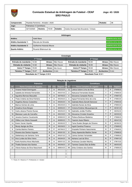 Comissão Estadual De Arbitragem De Futebol - CEAF Jogo: 43 / 2020 SÃO PAULO