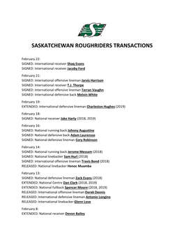 Saskatchewan Roughriders Transactions