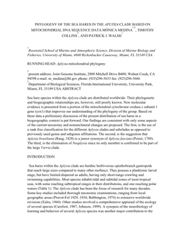 Phylogeny of the Sea Hares in the Aplysia Clade Based on Mitochondrial DNA Sequence Data