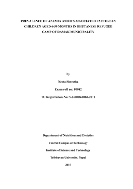 Prevalence of Anemia and Its Associated Factors in Children Aged 6-59 Months in Bhutanese Refugee Camp of Damak Municipality