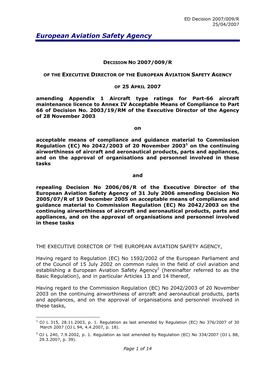 Decision 2007/009/R 25/04/2007 European Aviation Safety Agency