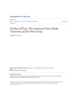 Derelict of Duty: the American News Media, Terrorism, and the War in Iraq Douglas M