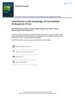 Contribution to the Knowledge of Coccinellidae (Coleoptera) of Iran