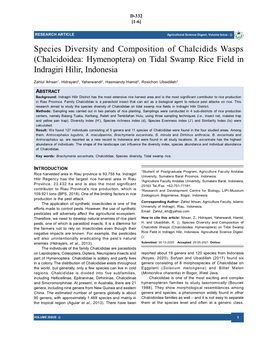 Species Diversity and Composition of Chalcidids Wasps (Chalcidoidea: Hymenoptera) on Tidal Swamp Rice Field in Indragiri Hilir, Indonesia