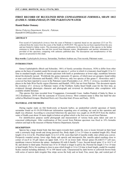 First Record of Bluelined Hind Cephalopholis Formosa, Shaw 1812 (Family: Serranidae) in the Pakistani Water