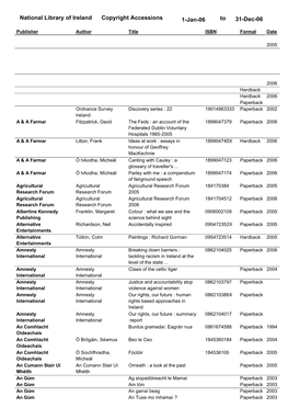 National Library of Ireland Copyright Accessions 31-Dec-06 to 1-Jan-06