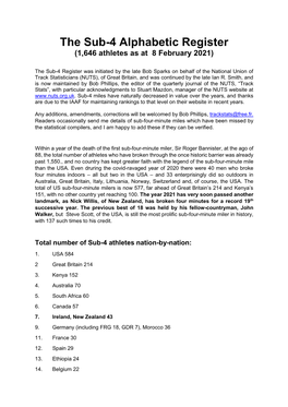 The Sub-4 Alphabetic Register (1,646 Athletes As at 8 February 2021)