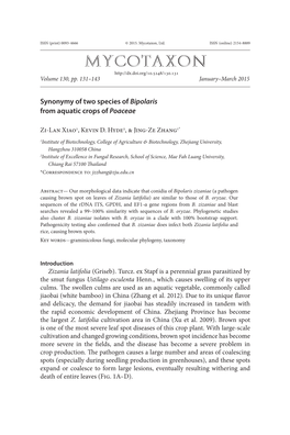 Synonymy of Two Species of <I>Bipolaris</I> from Aquatic Crops Of