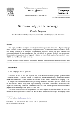 Savosavo Body Part Terminology