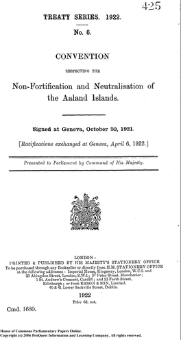 CONVENTION Non-Fortification and Neutralisation of the Aaland Islands