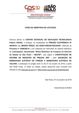 AVISO DE ABERTURA DE LICITAÇÃO Acha-Se Aberta No