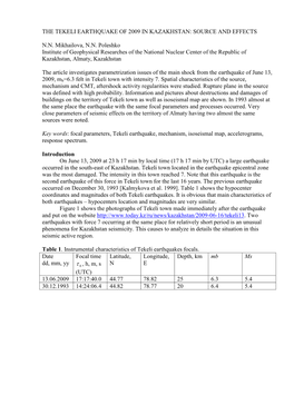 The Tekeli Earthquake of 2009 in Kazakhstan: Source and Effects