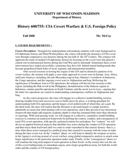 History 600/755: CIA Covert Warfare & U.S. Foreign Policy