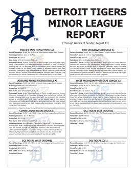 DETROIT TIGERS MINOR LEAGUE REPORT (Through Games of Sunday, August 13)