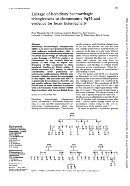 Linkage of Hereditary Haemorrhagic Telangiectasia to Chromosome 9Q34 and J Med Genet: First Published As 10.1136/Jmg.31.12.933 on 1 December 1994