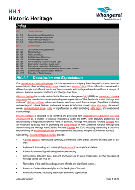 Appeals Version Page 1 of 20 HH.1 Historic Heritage Safeguarding Historic Heritage for Future Generations Requires an Appreciation of Historic Heritage Values