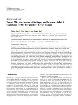 Research Article Tumor Microenvironment Subtypes and Immune-Related Signatures for the Prognosis of Breast Cancer
